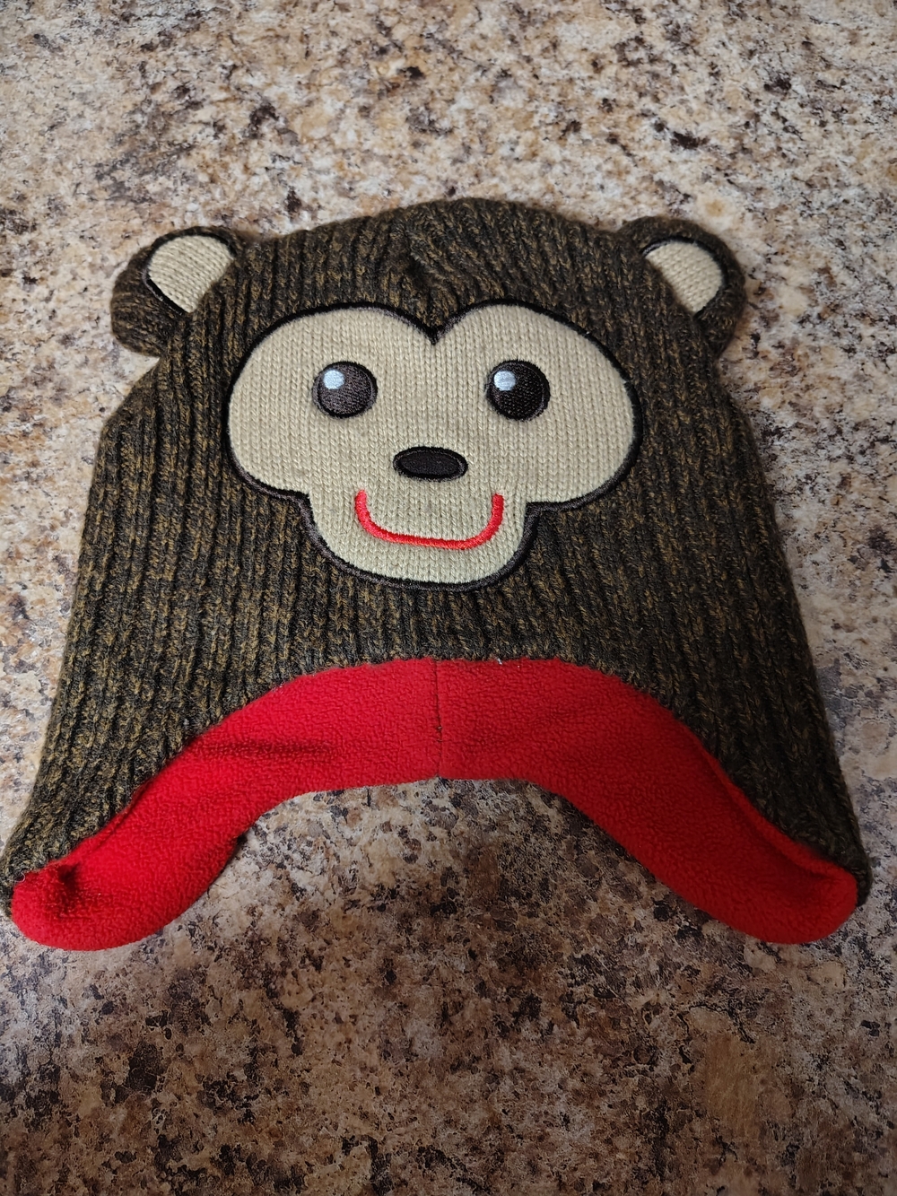 Qhealthtex Brown Monkey Knit Earflap Hat with Red Accent And Santa Beanie
